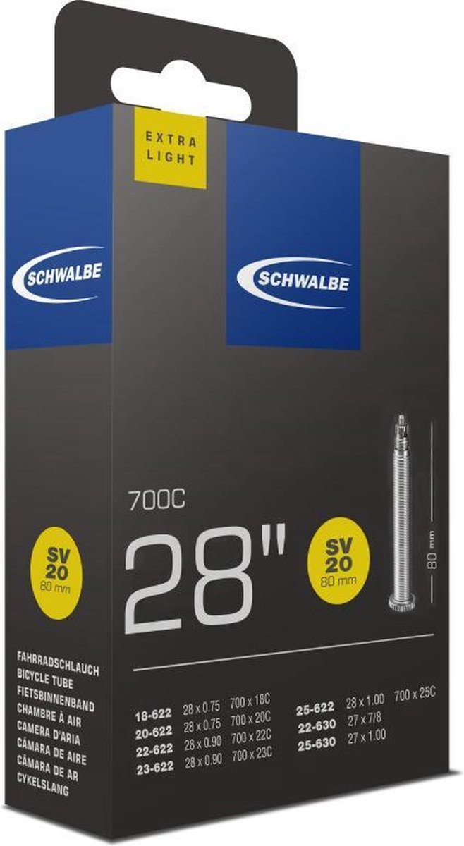 Schwalbe Binnenband,23-622, Extra Light 28 x 0.75 - 1.00 Frans Ventiel 80mm, SV20 Zwart