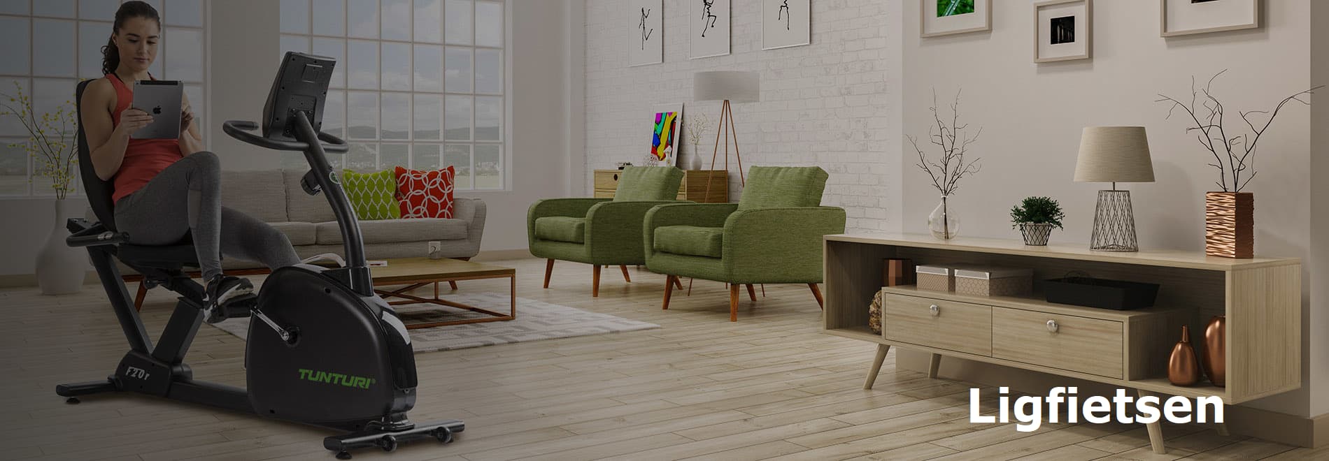 Relaxt binnen fietsen op een ligfiets van Tunturi,