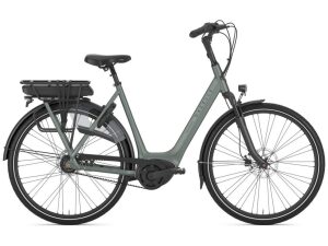 Gazelle Orange C8+ elektrische fiets met Belt, zijaanzicht, kleur Twilight green mat.